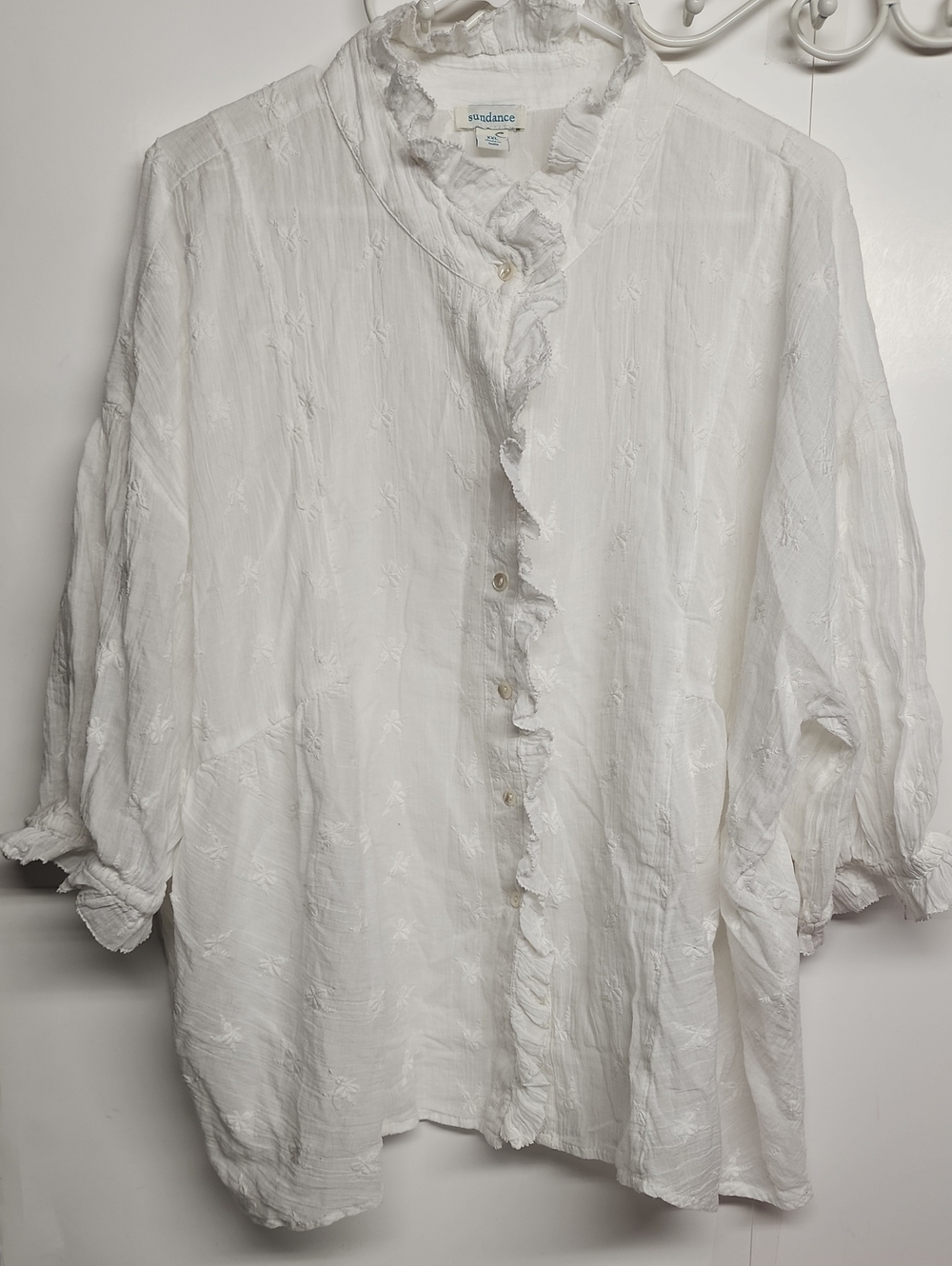 Sundance White Ruffle-Trim Button Down Shirt Size XXL ROMANTIC FEMININE SUMMER